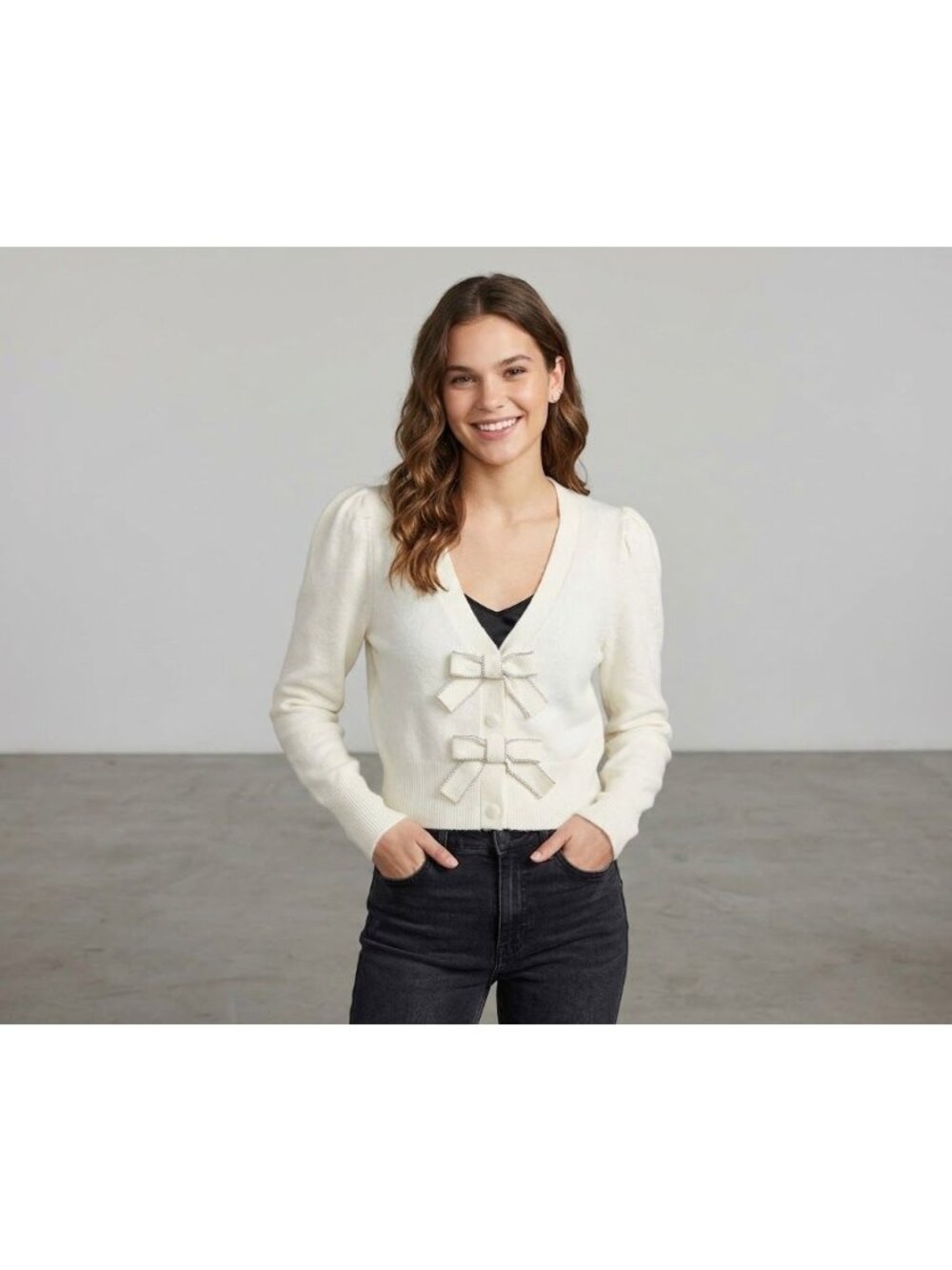 Express Ivory Puff-Sleeve Cropped Cardigan S Rhinestone Bow Accents Womens NWT